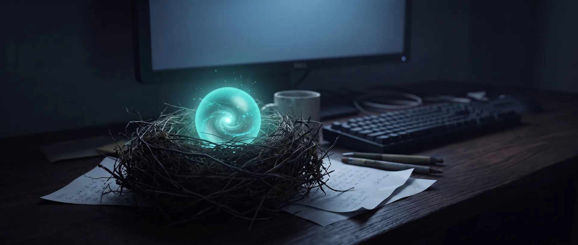 Un nido di rametti su una scrivania di notte, con una luce teal al centro e un computer sullo sfondo